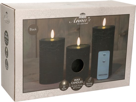 Set van 3 zwarte Led stompkaarsen met afstandsbediening