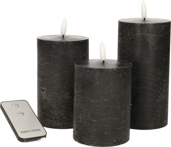 Set van 3 zwarte Led stompkaarsen met afstandsbediening