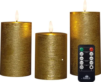 Set van 3 gouden LED stompkaarsen met afstandsbediening